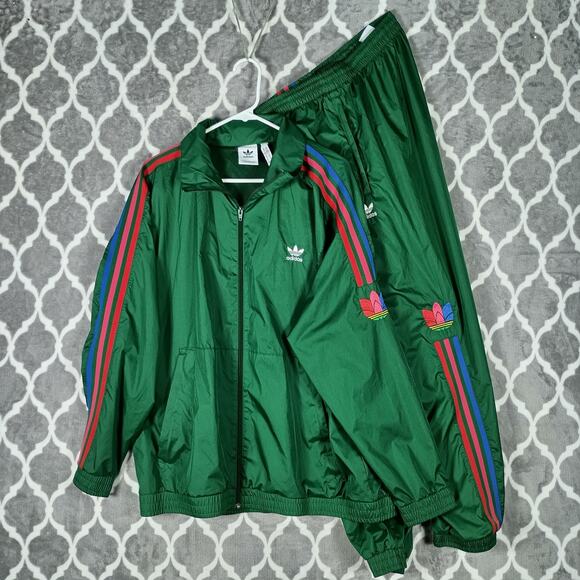 Adidas Track Jacket Pants Set Men XL Green Windbreaker Trefoil 3D